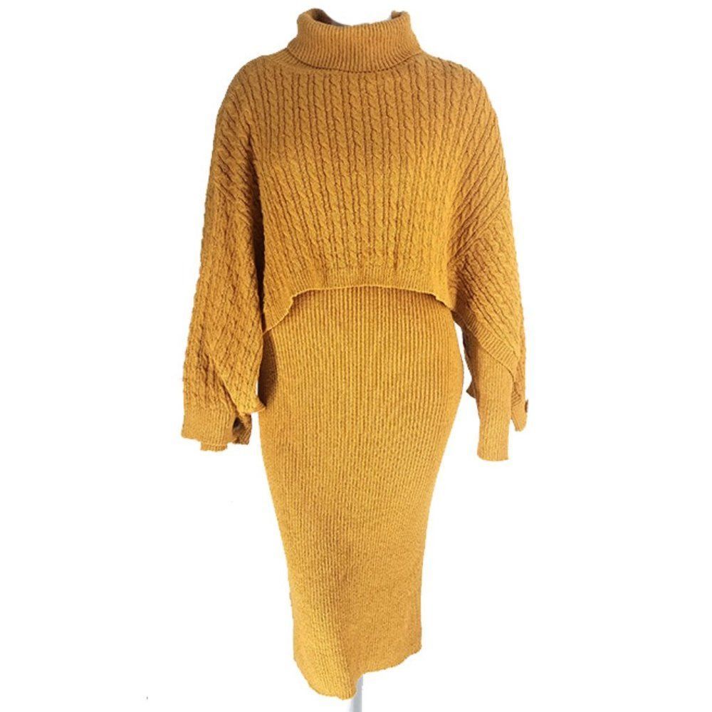 Soleil & Skye Mustard Bodycon Sweater Dress and Poncho Set Sizes 1X-3X NWT